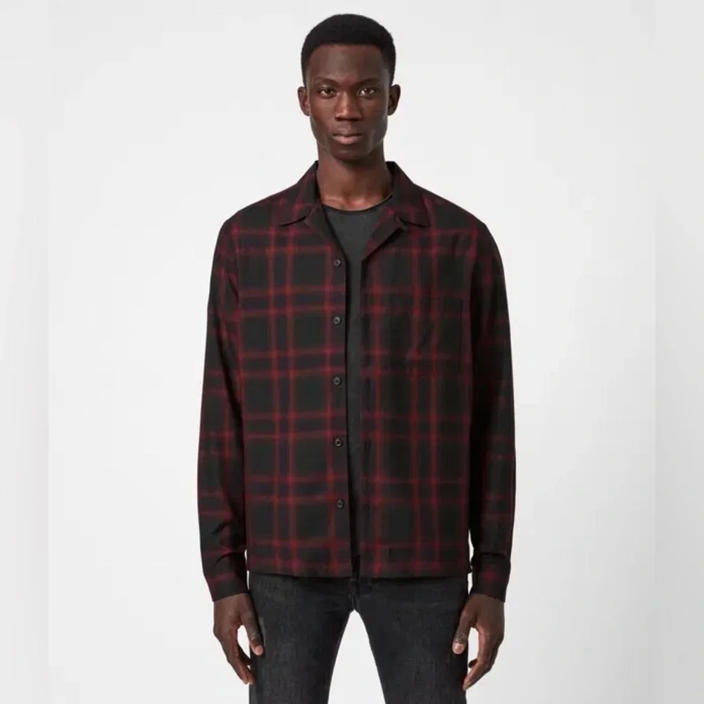 AllSaints Red and Black Plaid Shirt Jacket
